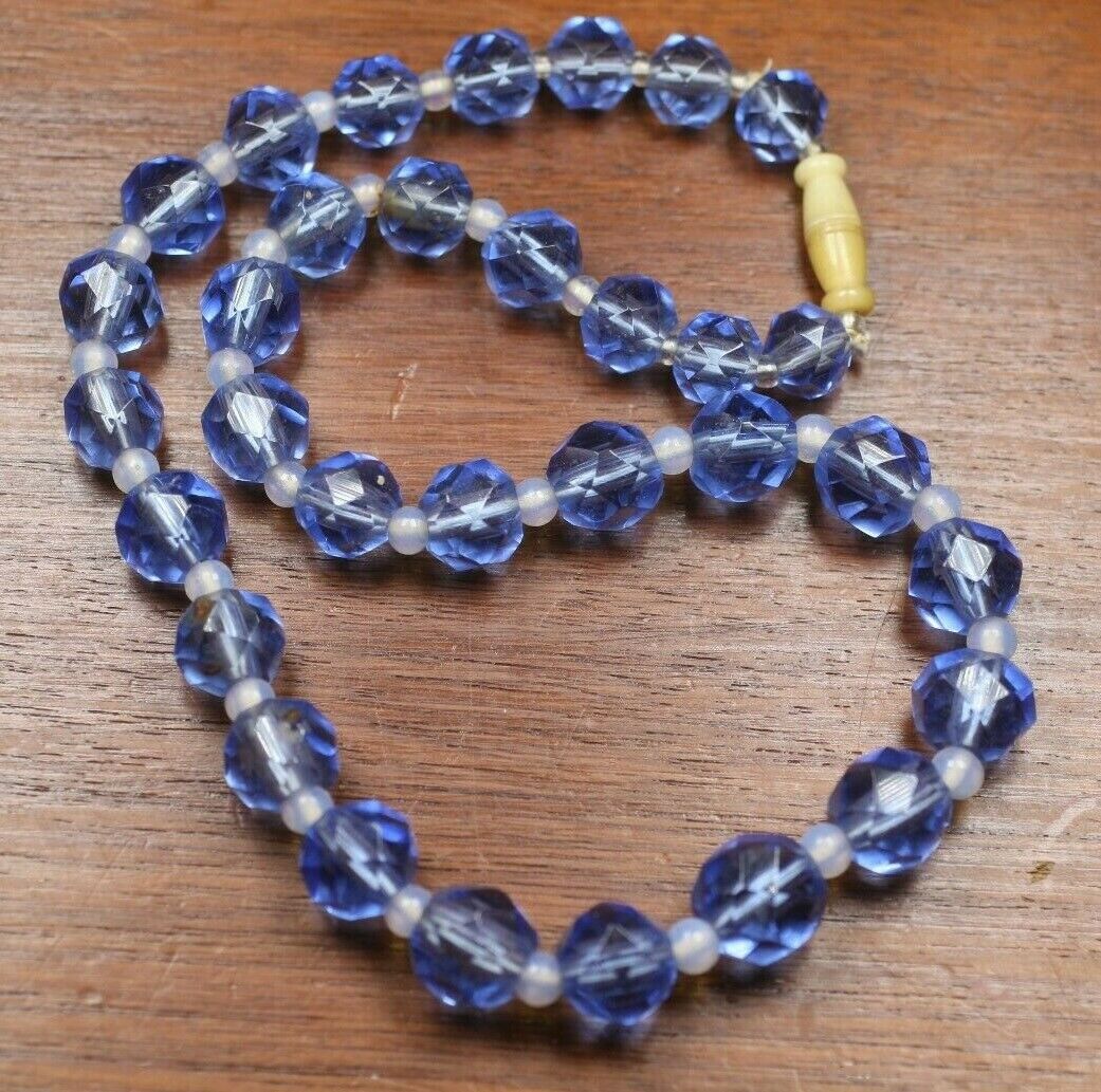 Vintage Faceted Blue Glass White Moonglow Style Spacer Bead Elegant Necklace 16"