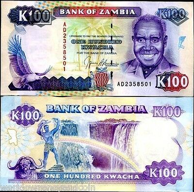 Zambia 100 Kwacha P34 1991 X 100 Pcs Lot Bundle Buffalo Victoria Fall Unc Note