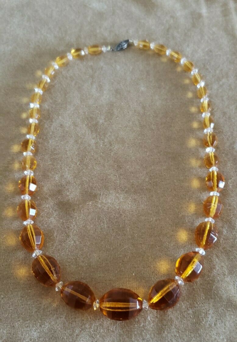 Antique Art Deco 20" Faceted Amber Cut Crystal Bead Necklace, Sterling Clasp