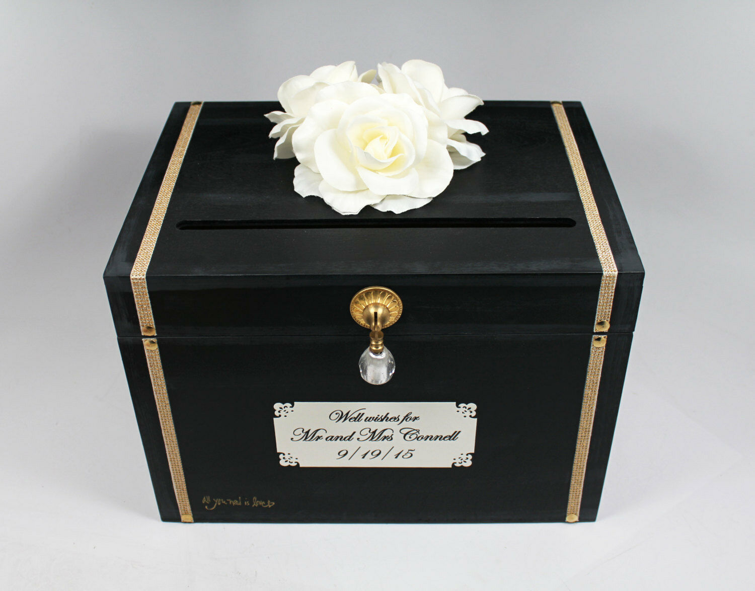 Black, Ivory & Gold Wooden Wedding Card Box Trunk, Vintage Chic Wedding Decor..