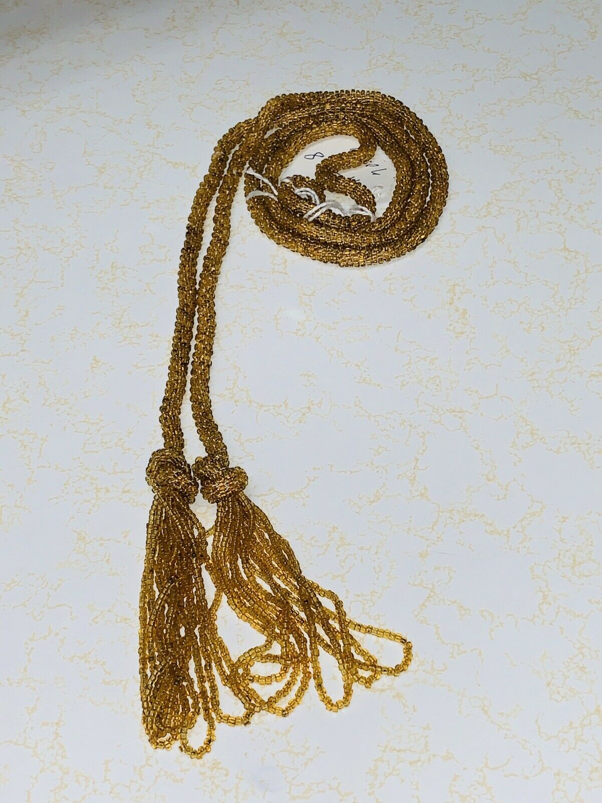 Antique 1920's Gold Color Seed Bead Flapper Lariat Necklace - 54”