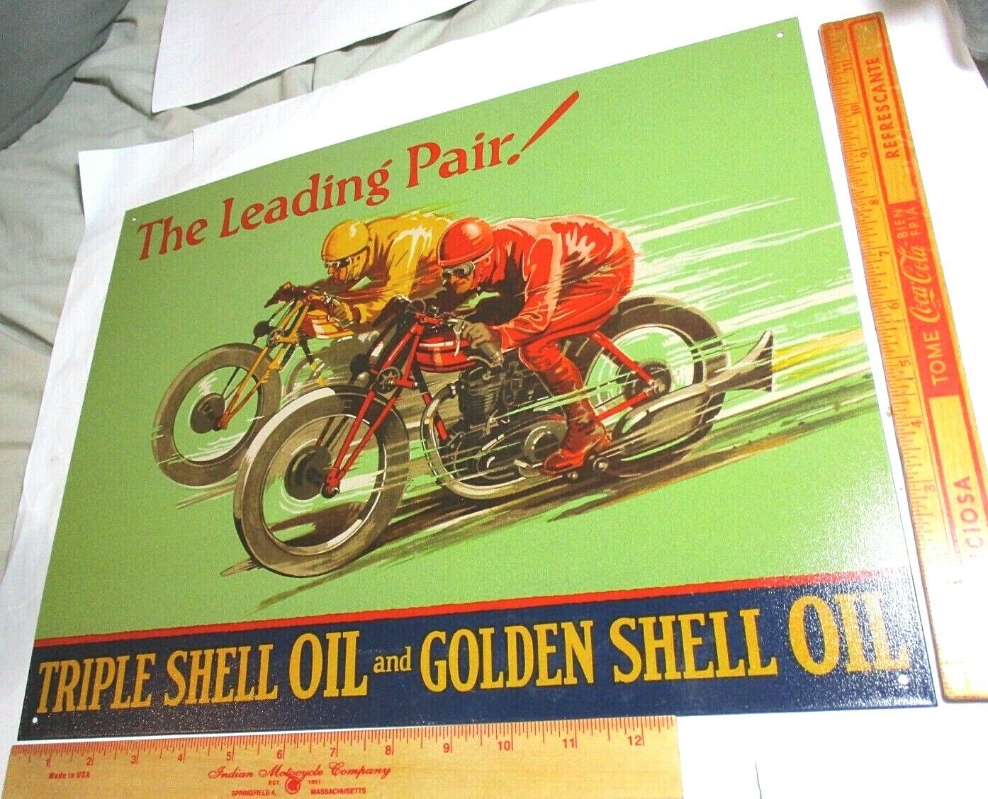Shell Oil Motorcycle Sign Vintage Race Collectible Old Biker Advertising 16x12.5