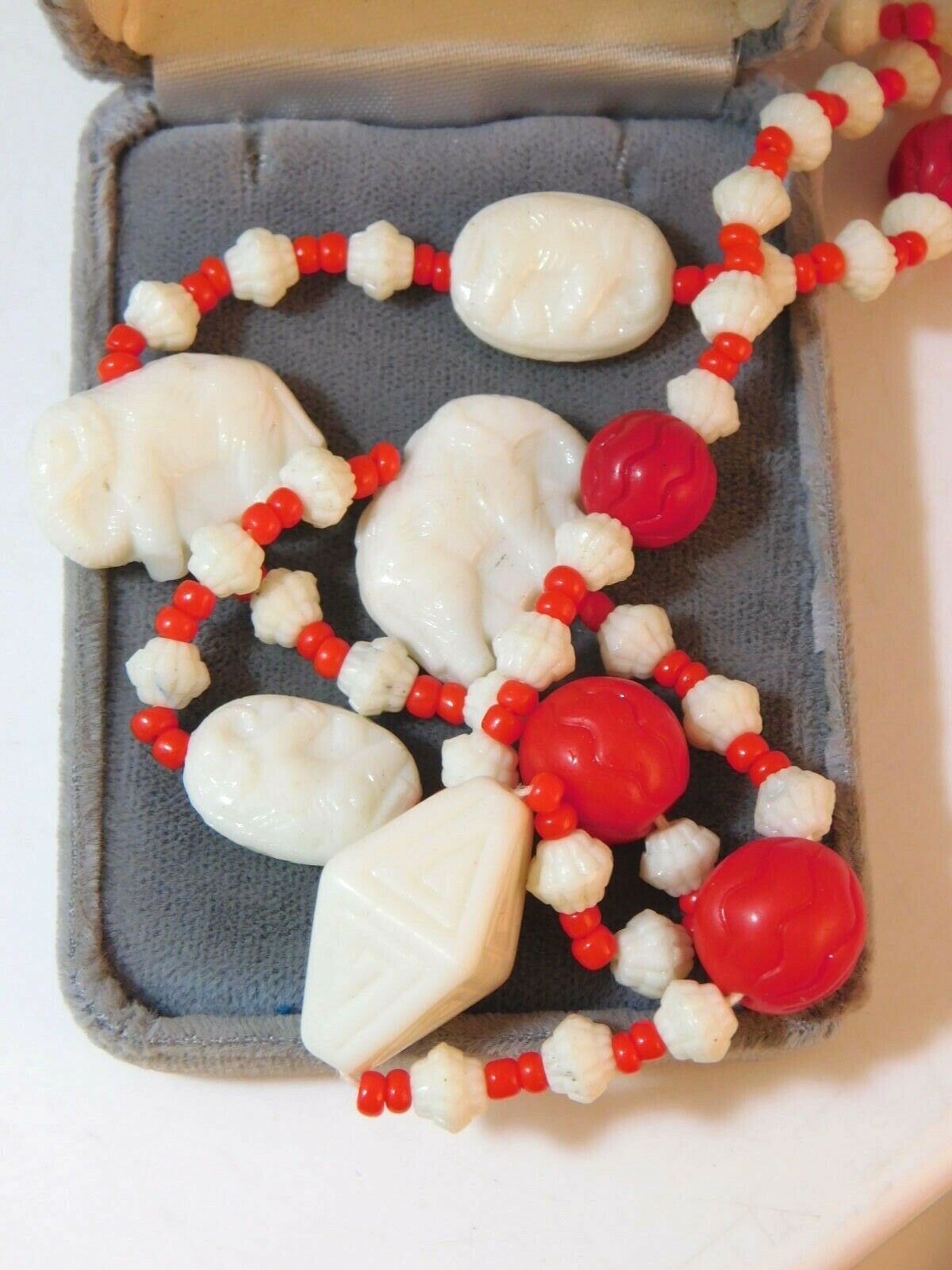 Old Czech Glass Red White Egyptian Revival Necklace Elephant Max Neiger 10g 40