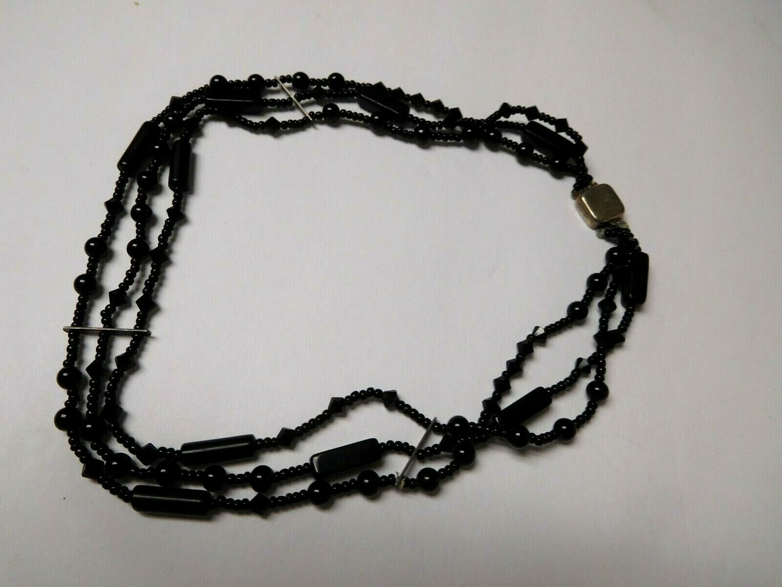 Vtg Atqtriple Strand Black Mourning Bead Choker Necklace Sterling Silver Clasp