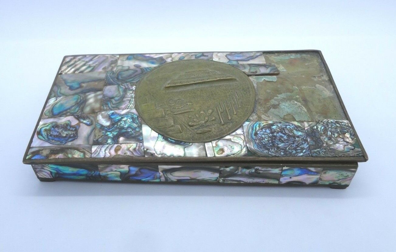 Vintage Teotihuacan, Mexico Abalone Shell Jewelry Trinket Box 7" X 3.75"