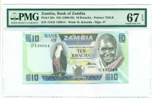 Zambia 1980-88 10 Kwacha Bank Note Superb Gem Unc 67 Epq Pmg