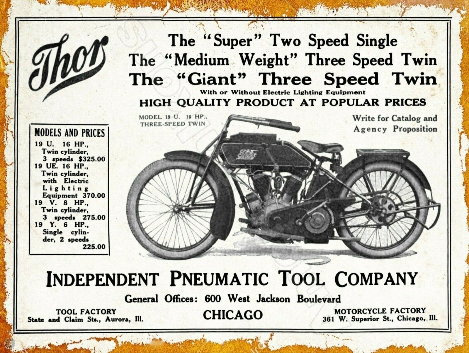 1919 Independent Pneumatic Tool Co. Thor Motorcycles New Metal Sign: Chicago