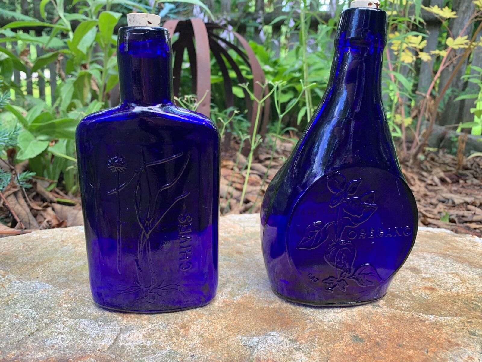 Pair Vintage Clevenger Bros Cobalt Blue Glass Bottles Chives & Oregano