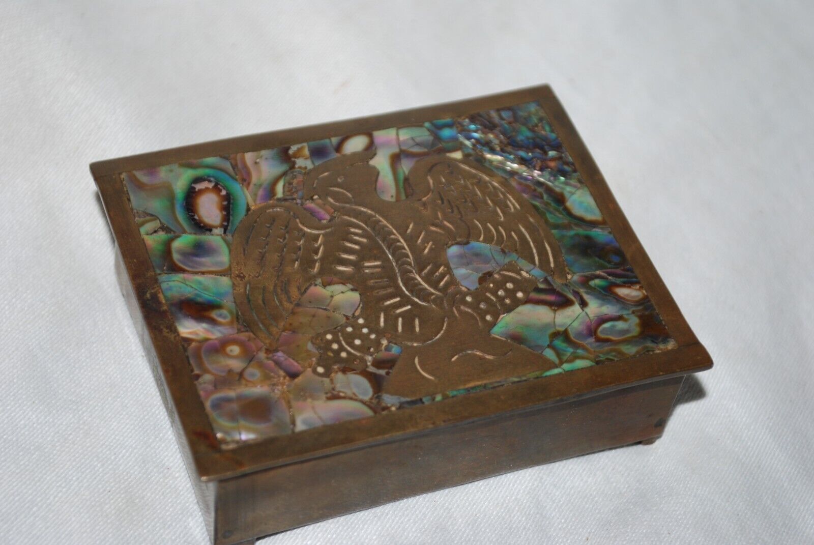 Vintage - Small Hinged Brass Box - Abalone - Golden Eagle -rosewood Lined, Taxco