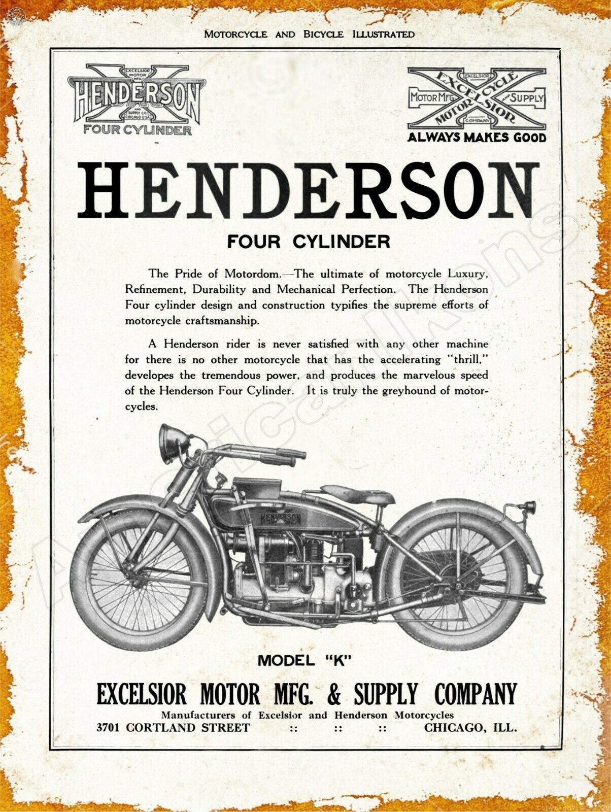 1920 Excelsior Mfg. Henderson Model K Motorcycle New Metal Sign: Chicago Il