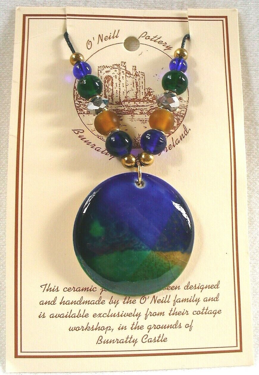 Ireland~o'neill Pottery~hand Painted~glazed~necklace~bunratty Castle~glass Beads