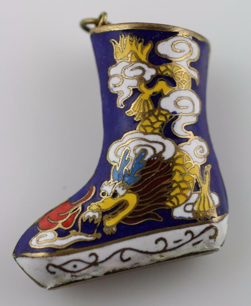 Vintage Enamel Cloisonne Chinese Asian Serpent Dragon Blue Boot Sock 3-d Pendant