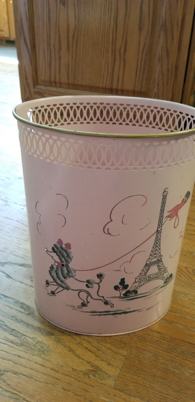 Vintage French Scene Wastebasket With Matching Kleenex Container In Pink
